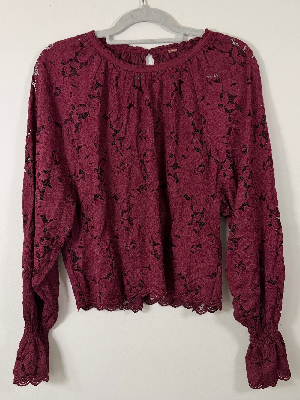 Free People Burgundy Floral Lace Long-Sleeve Blouse